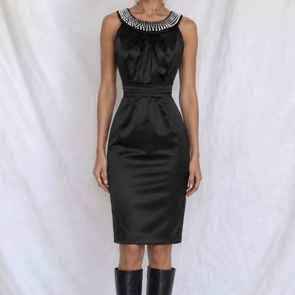 Vintage Y2K Pearl Beaded Black Satin Halter Knee Length Bodycon Dress Size 2/S/M